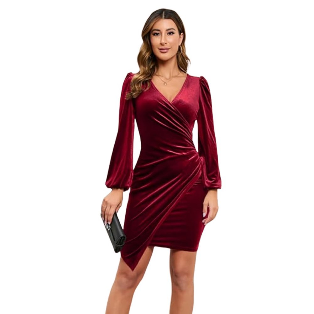 Ruched Asymmetrical V-Neck Velvet Dress in Burgundy